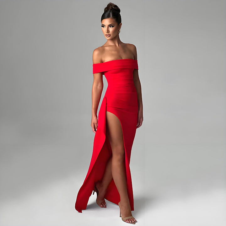 Dame Off-Shoulder Maxikjole med elegant splitt og figursøm Skjora