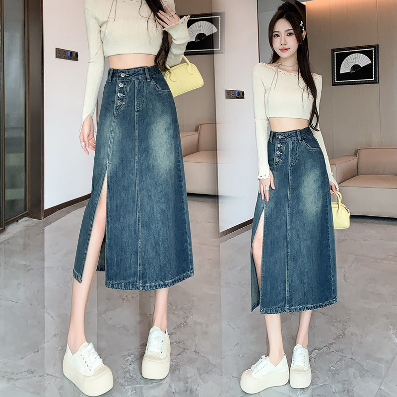 Kvinne Lang Denim Skjørt med Front Splitt Skjora