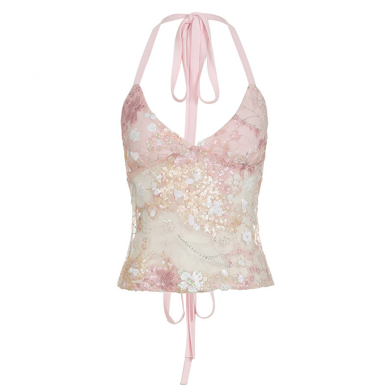 Dame spitze bandeau topp med blomsterapplikasjoner og justerbare stropper Skjora