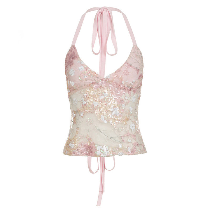 Dame spitze bandeau topp med blomsterapplikasjoner og justerbare stropper Skjora