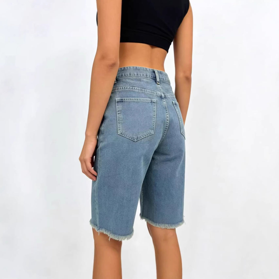 Dames casual denim-shorts med frynset kant og høy midje Skjora