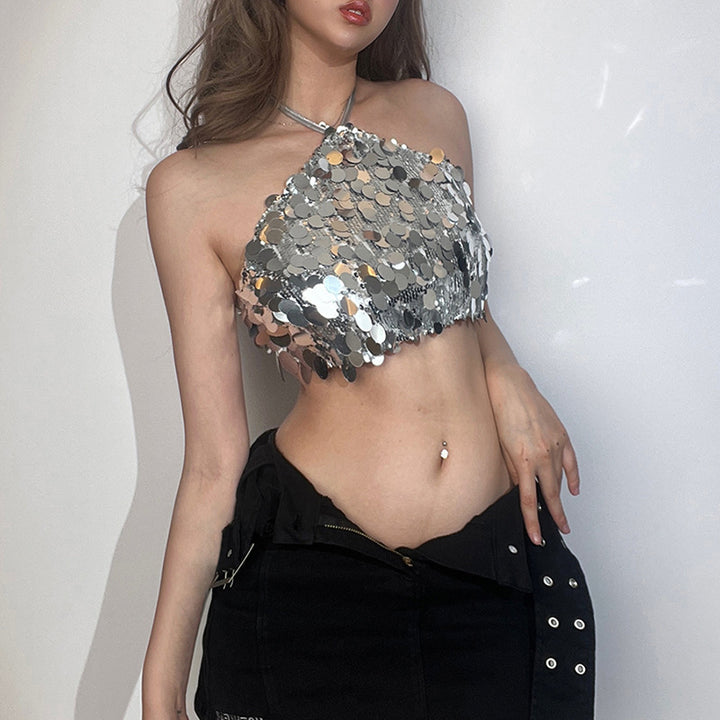 Damer Glitrende Crop-Top med skinne Pailletten Skjora