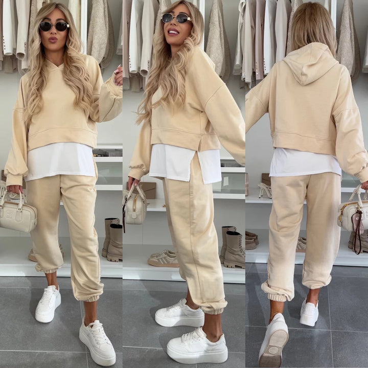 Damene casual hoodie og joggers sett med praktiske lommer og elastisk midje