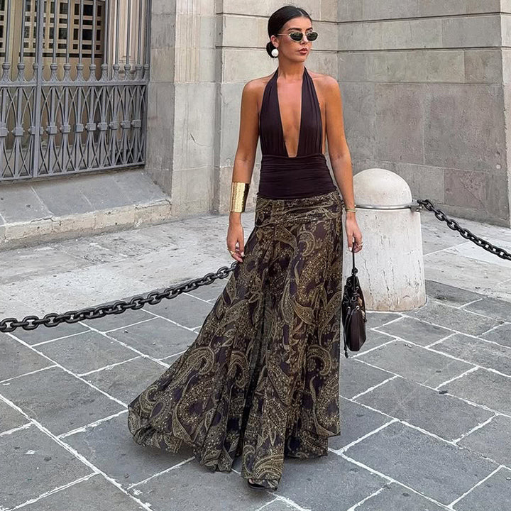 Dame maxikjole med dyp utringning og elegant paisley-look Skjora