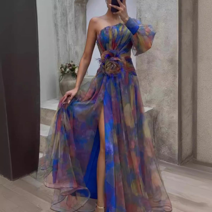Damer Elegant Maxi Kjole med Asymmetrisk Design og Blomsterdetaljer Skjora