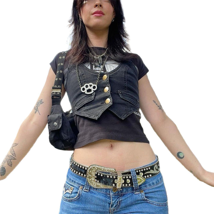 Dame Denim vest med moderne V-hals og praktiske lommer Skjora