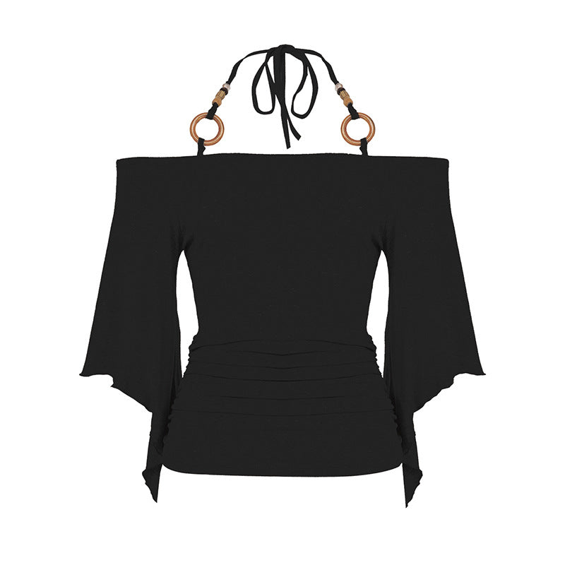 Dame Off-Shoulder topp med voluminøse ermer og dekorative knytte-detaljer Skjora