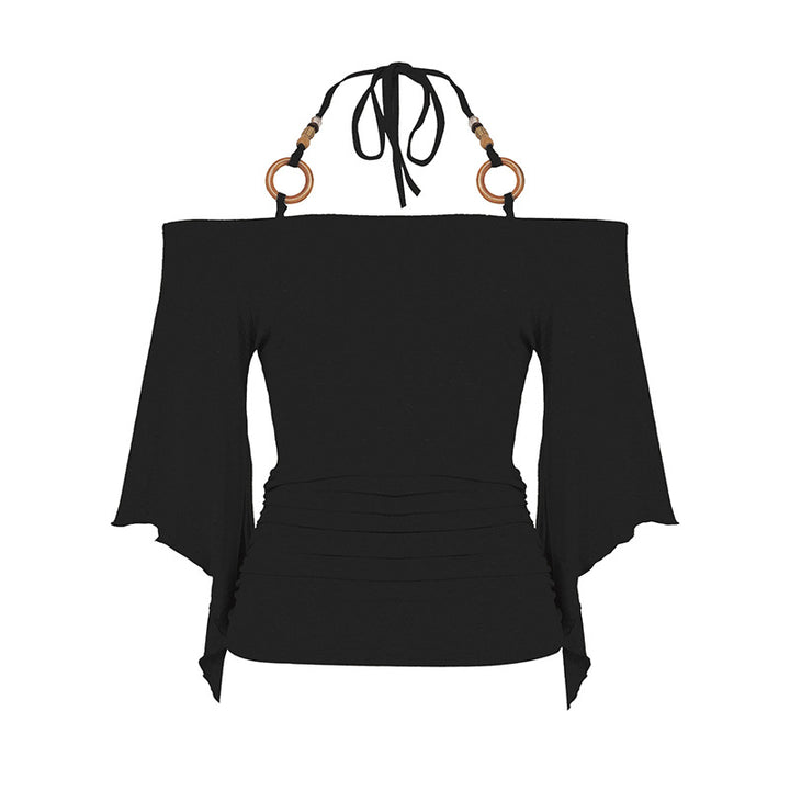 Dame Off-Shoulder topp med voluminøse ermer og dekorative knytte-detaljer Skjora