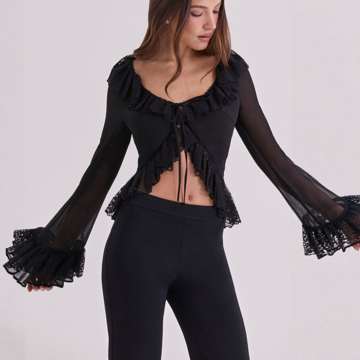 Dame chiffon-bluse med spissbesetning Skjora