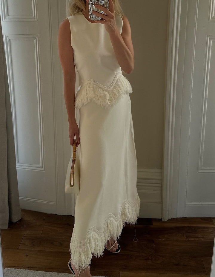 Dame Elegant Maxikjole med frynsebesetning og fin kant Skjora