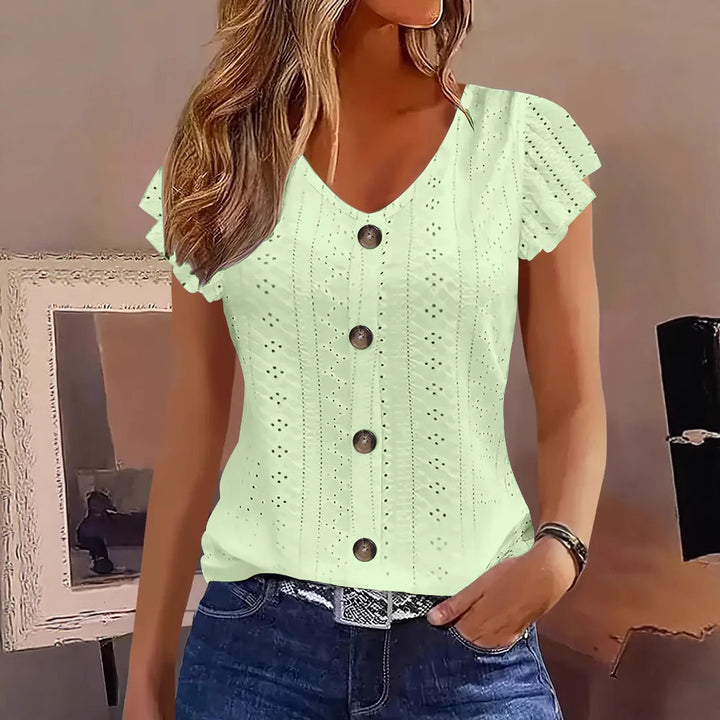 Damer elegant bluse med spidemønster og knappdekorasjon Skjora