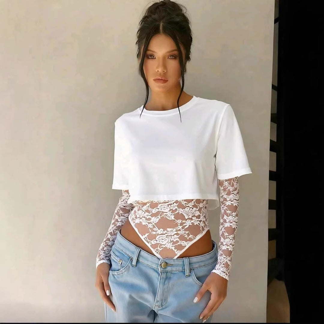 Dame bodyshirt med transparente spissarmer og avslappet snitt Skjora