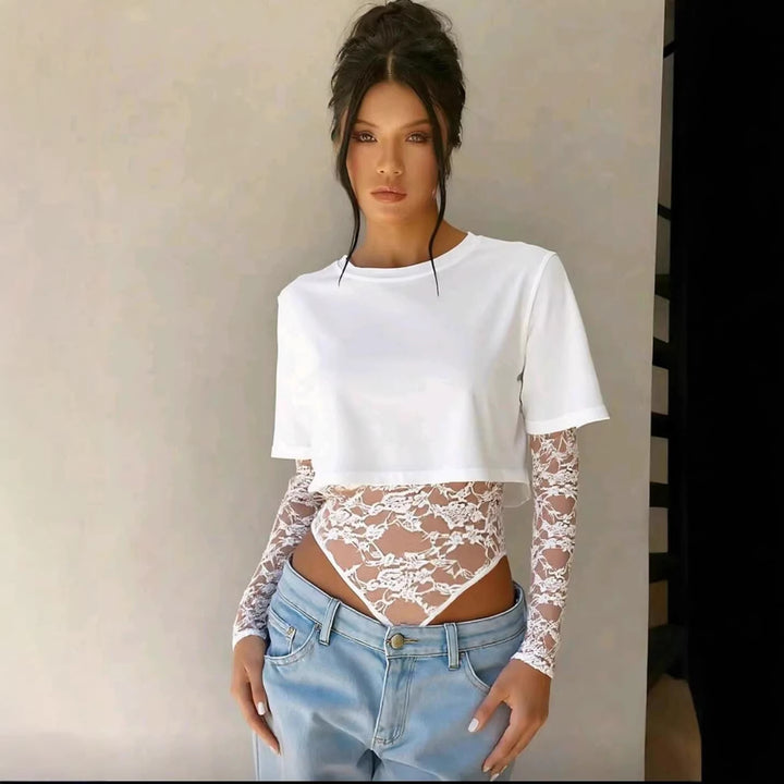 Dame bodyshirt med transparente spissarmer og avslappet snitt Skjora
