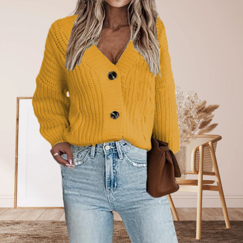 Dame chunky strikket cardigan med knappdetaljer og voluminøse ermer Skjora