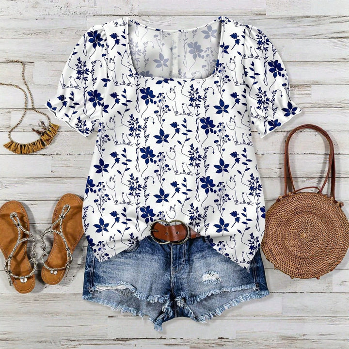 Dame blomsterprint kortermet bluse Skjora