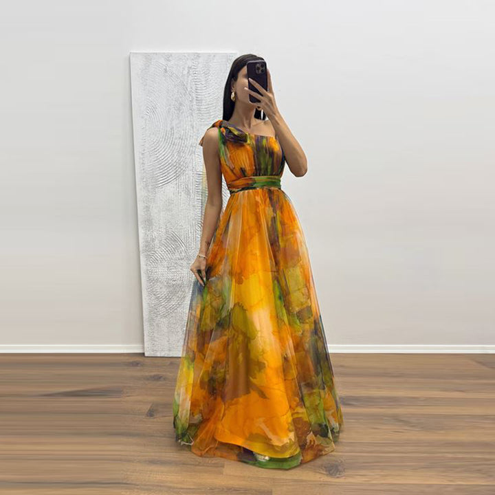 Kvinners Festlige Maxi Kjole med Gjennomsiktig Chiffon Overlay og Delikat Volangdesign