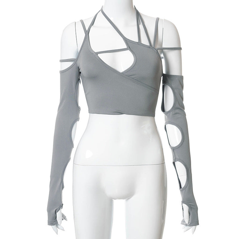 Dame innovativ cropped topp med asymmetrisk design og lange ermer Skjora