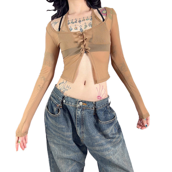 Dame lang Arm Mesh Bluse med justerbart knutedesign Skjora