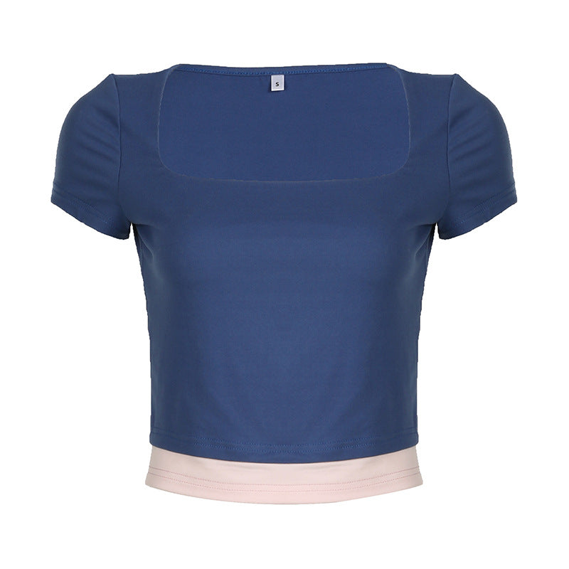 Dame cropped topp med elegant kvadratisk utringning og kontrasterende kant Skjora