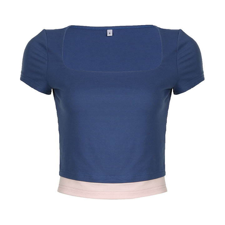 Dame cropped topp med elegant kvadratisk utringning og kontrasterende kant Skjora