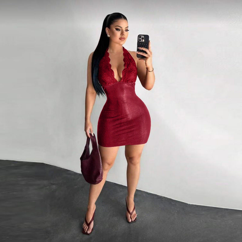 Dame Elegant Bodycon Kjole med Spissdetaljer og Dyp V-Utskjæring Skjora