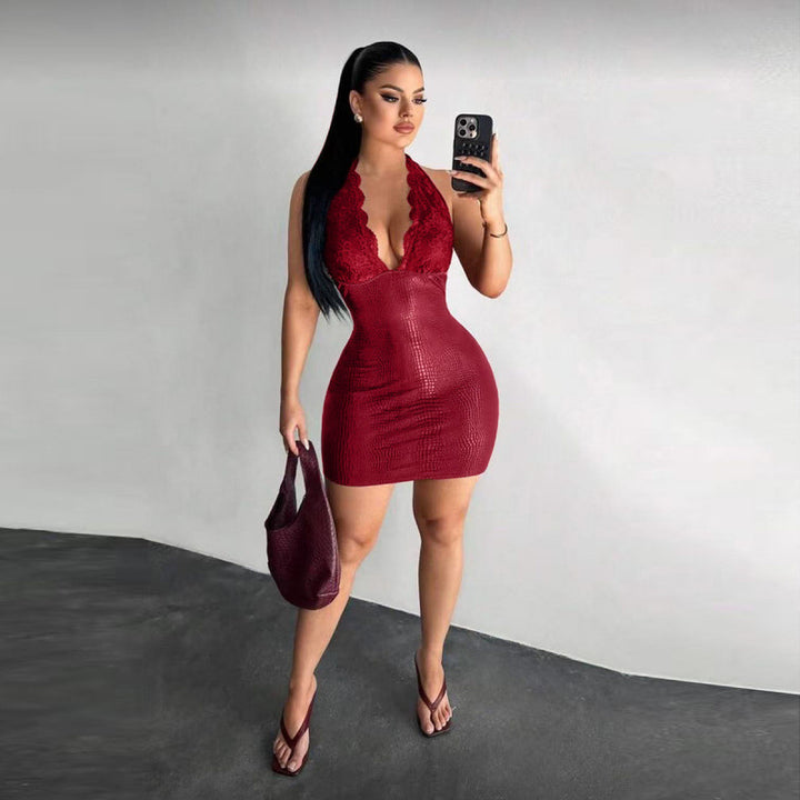 Dame Elegant Bodycon Kjole med Spissdetaljer og Dyp V-Utskjæring Skjora