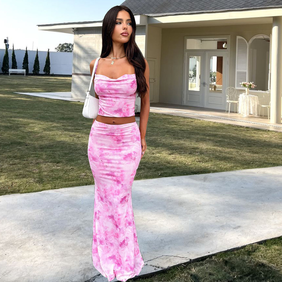 Dame Elegant cropped topp og svingende maxi-bukse sett Skjora
