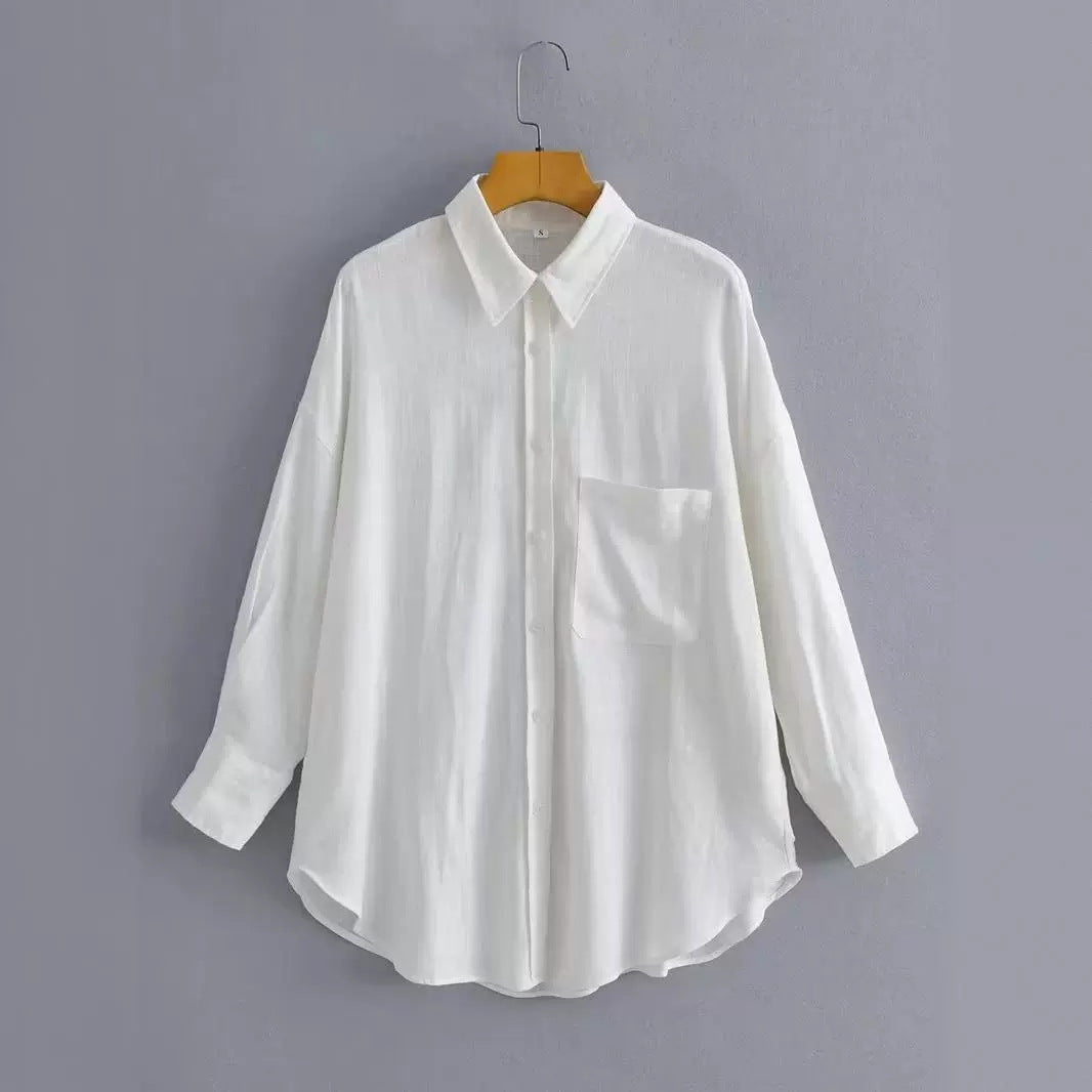 Kvinne Casual Oversized Skjorte Bluse med Brystlomme og Subtil Struktur Skjora