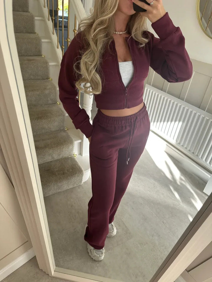 Dame Casual Cropped Hoodie og Joggebukse Sett med Elastisk Midje