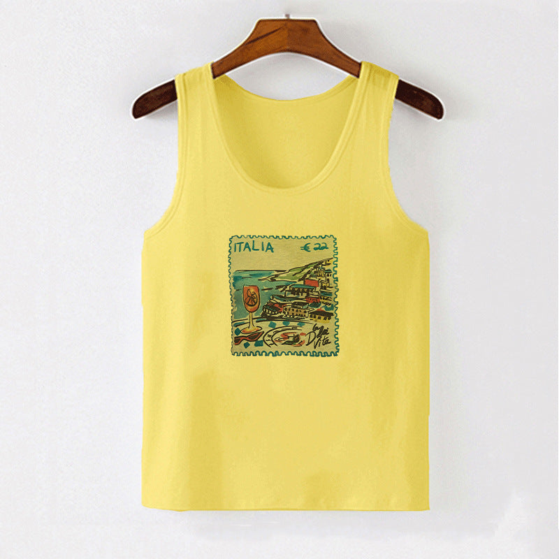 Dame ermeløs tanktop med kreativt postkortmotiv Skjora