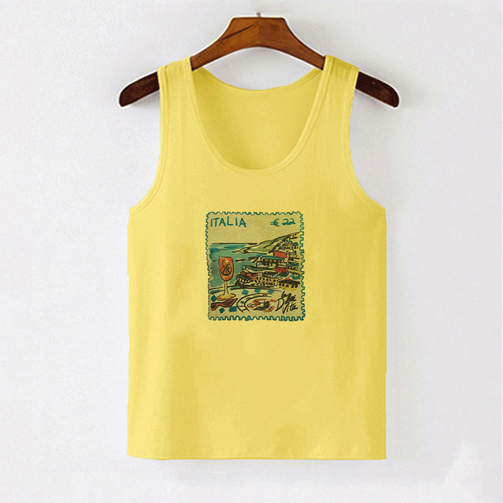 Dame ermeløs tanktop med kreativt postkortmotiv Skjora