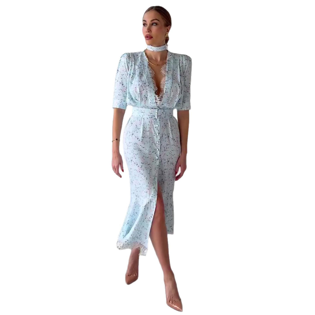 Dame Elegant Midi Kjole med Skinner Chiffon og Dyp V-Hals