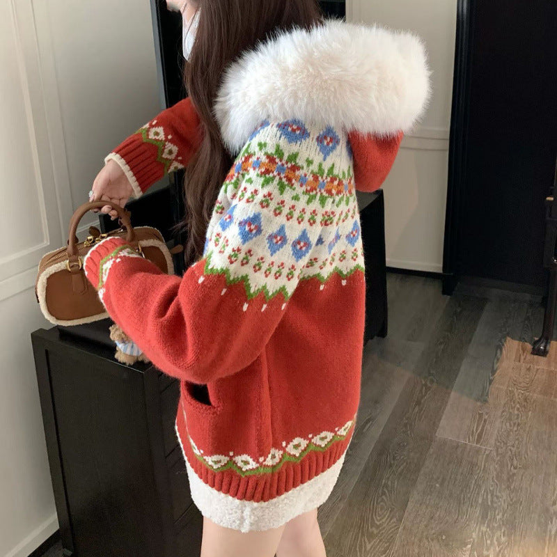 Dame cardigan med trendy norsk mønster og luksuriøs faux fur krage Skjora