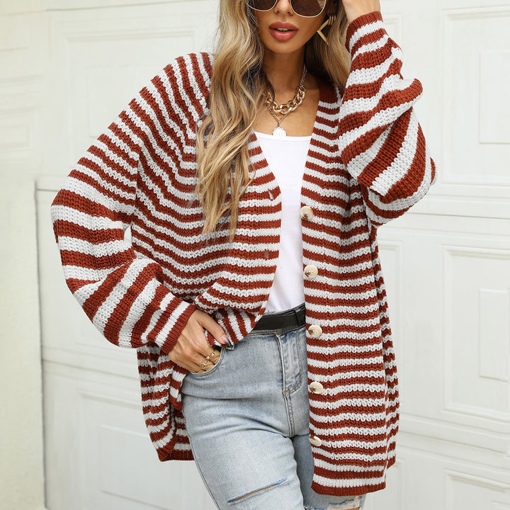 Dame casual cardigan med bred stripe mønster og knapp detalj Skjora