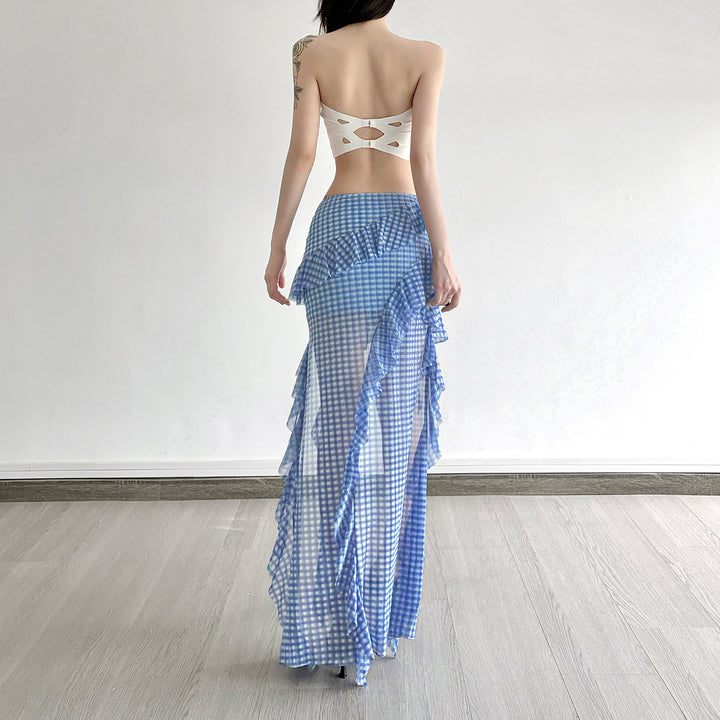 Women's maxi skirt with ruffle details and gingham pattern Skjora
