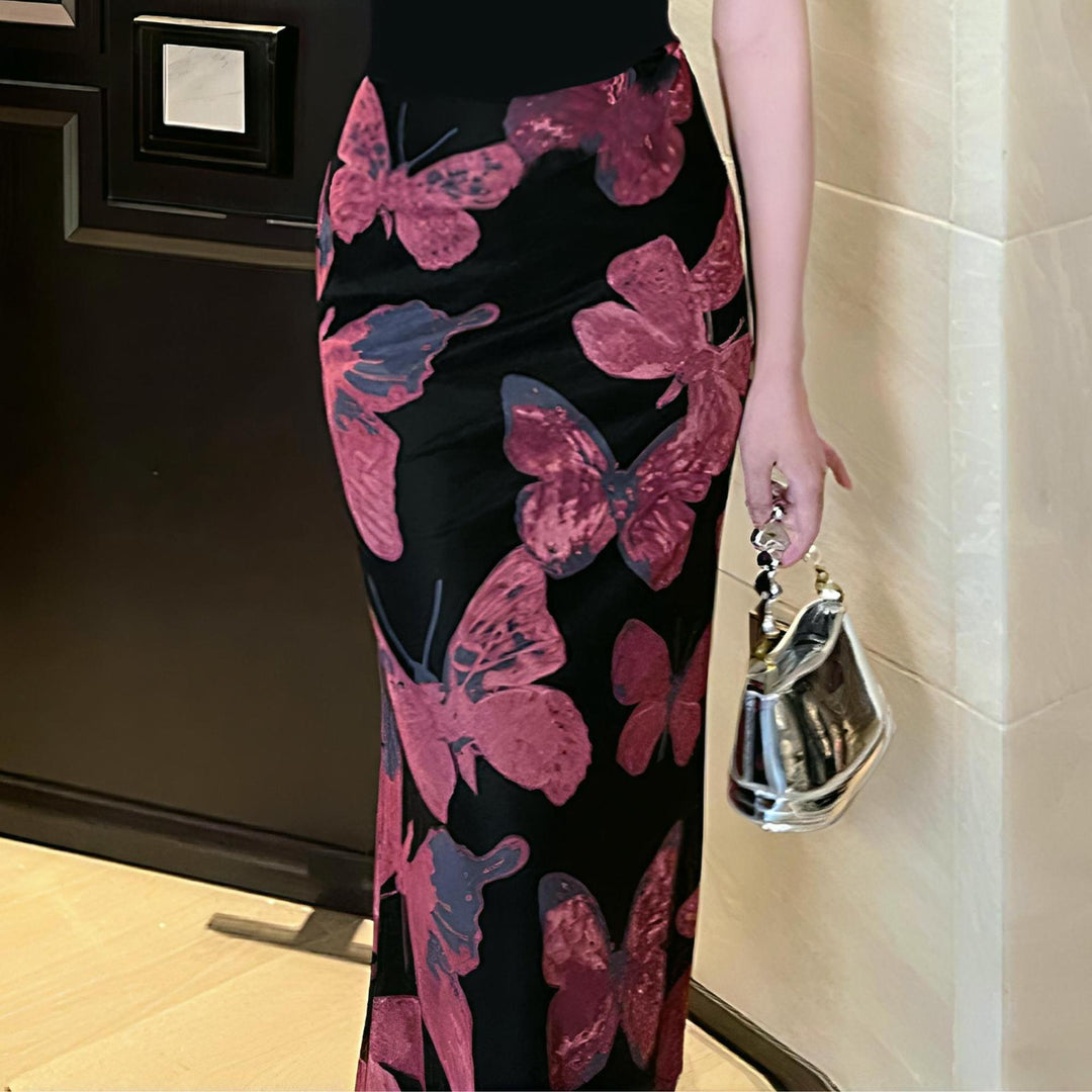 Dame Elegant Maxi Kjole med Blomster Sommerfuglmønster og Gjennomsiktig Nederkant