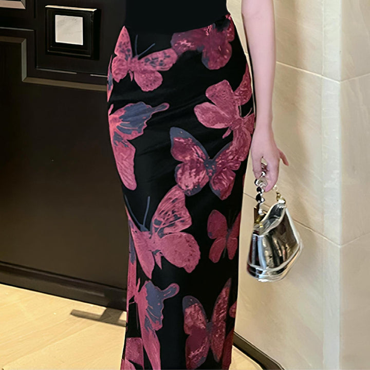 Dame Elegant Maxi Kjole med Blomster Sommerfuglmønster og Gjennomsiktig Nederkant