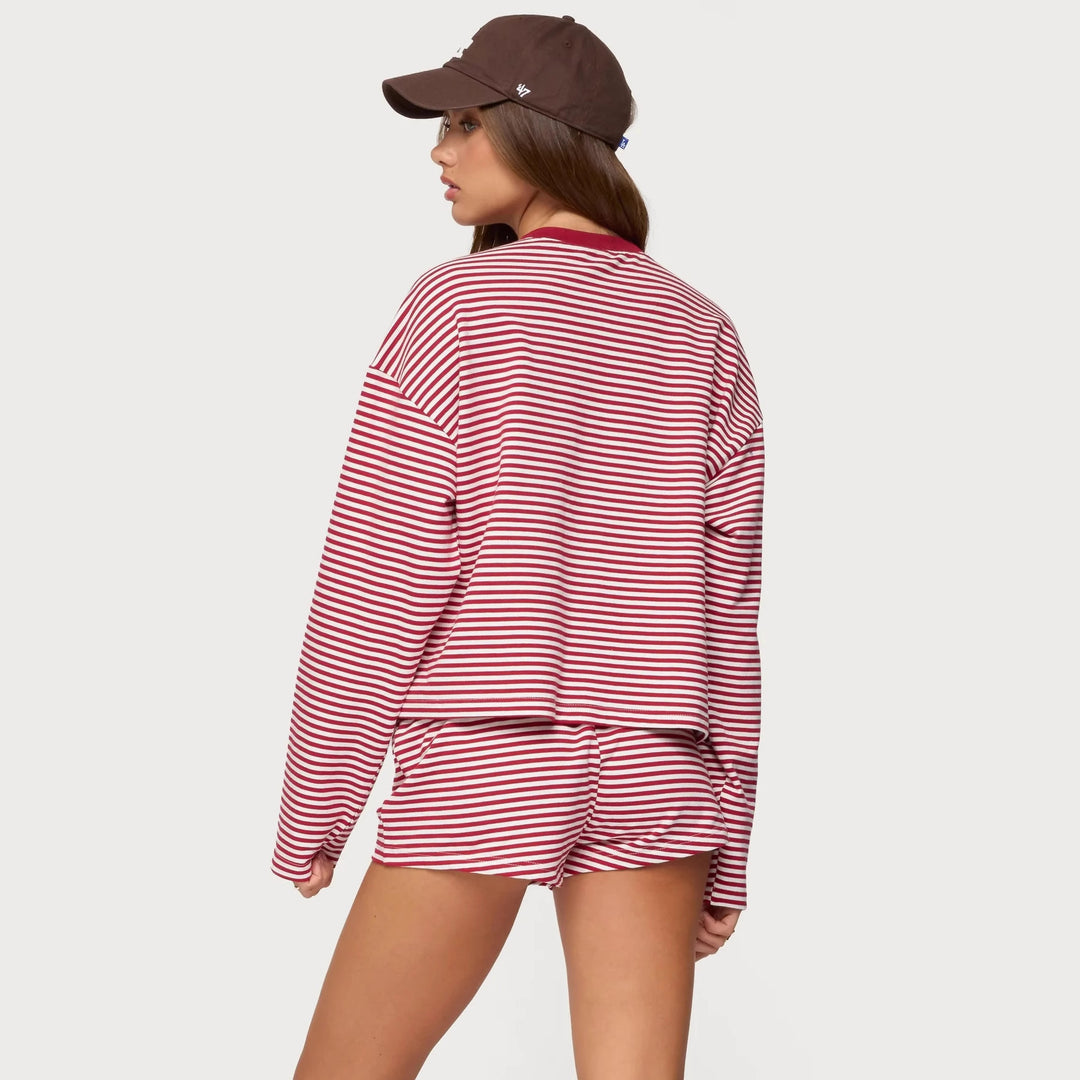 Damer Løs stripete loungewear-sett med langermet topp og shorts Skjora