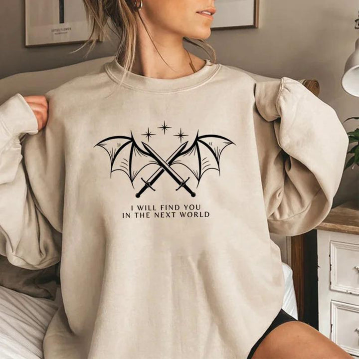 Kvinnelig sweatshirt med kunstnerisk grafisk design og inspirerende tekst Skjora