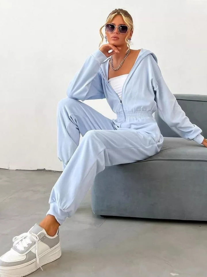 Damer sporty fleece jumpsuit med hette og elastisk midje Skjora