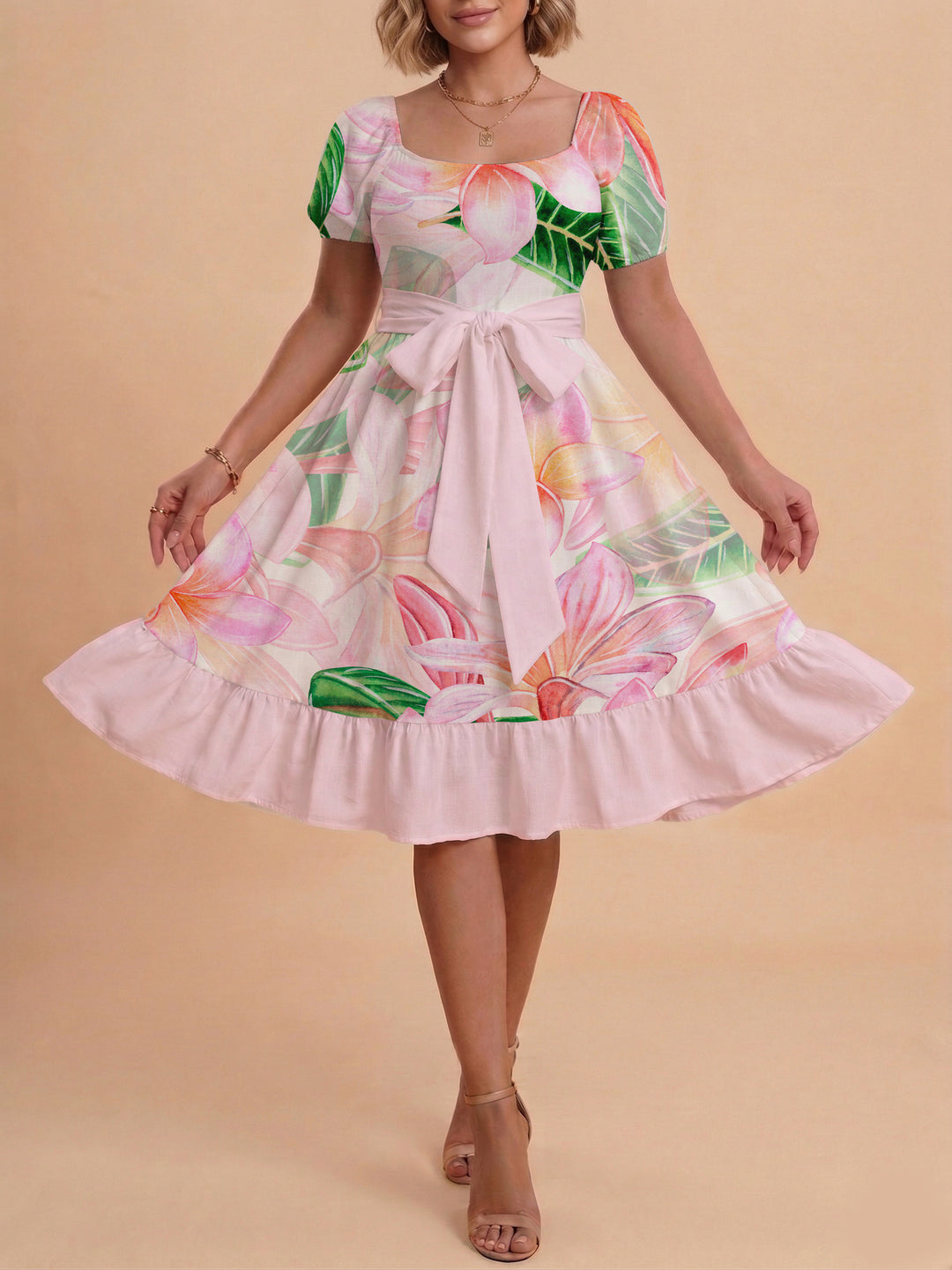 Damen Sommerkleid mit floralem Puffärmel und taillierbarem Gürtel Skjora
