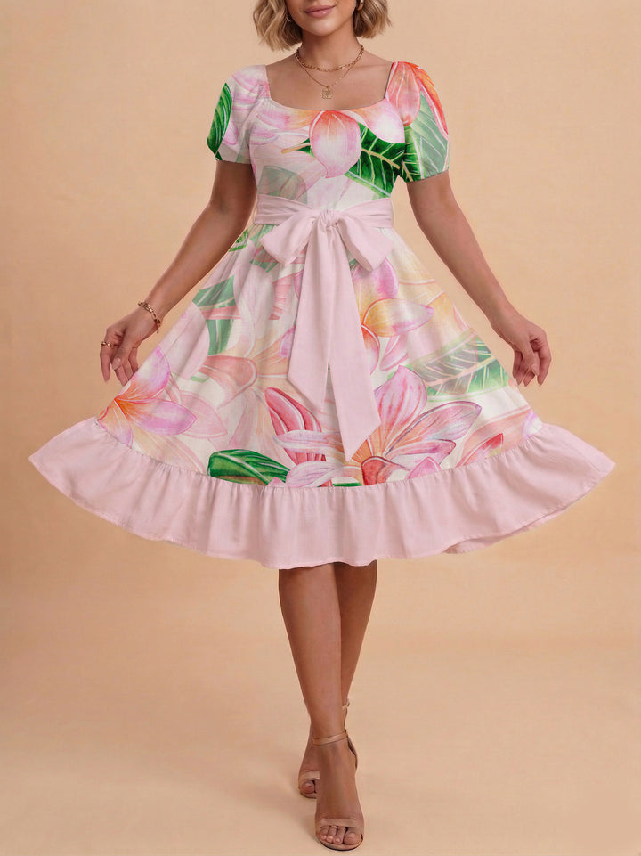 Damen Sommerkleid mit floralem Puffärmel und taillierbarem Gürtel Skjora