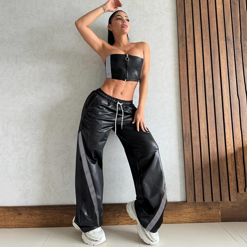 Dame Sporty Wide-Leg Bukse med elastisk linning og stilige striper Skjora