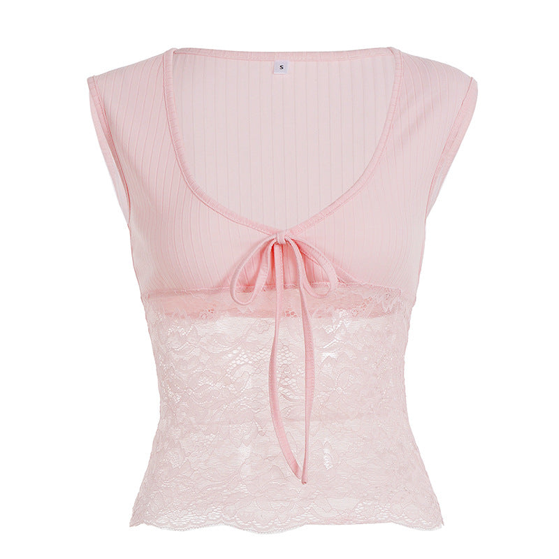 Dame Spets Crop Top med Bindebånd og ermeles design Skjora