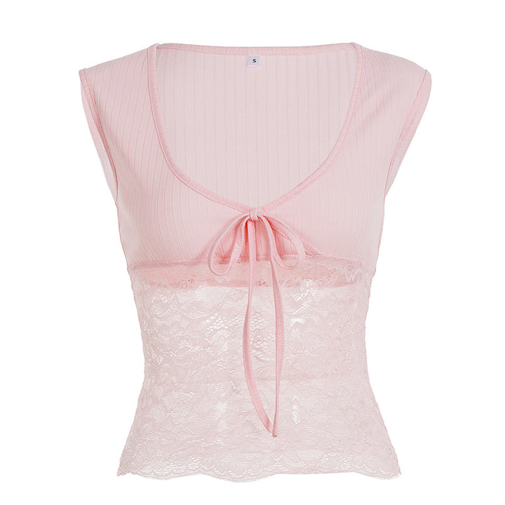 Dame Spets Crop Top med Bindebånd og ermeles design Skjora