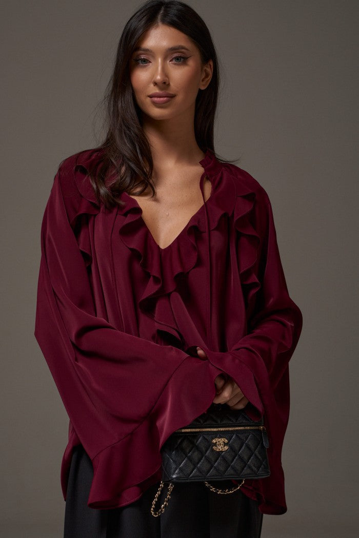 Dame Elegant Volang Topp med Flared Ermer Skjora