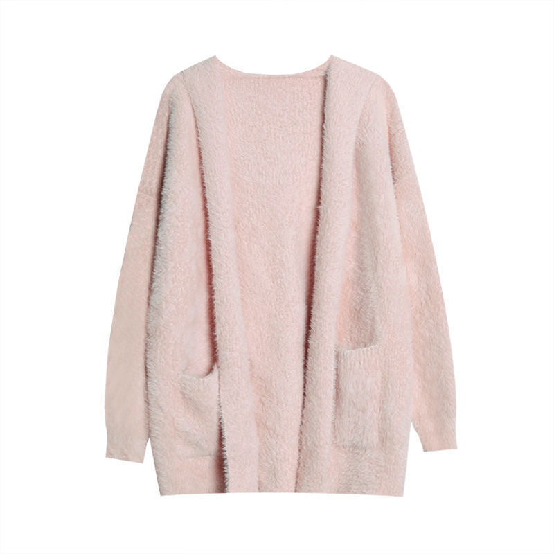 Kvinnes Fluffy Strikket Cardigan med Casual Lommer og Åpen Kutte Skjora