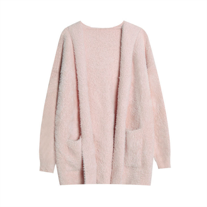 Kvinnes Fluffy Strikket Cardigan med Casual Lommer og Åpen Kutte Skjora