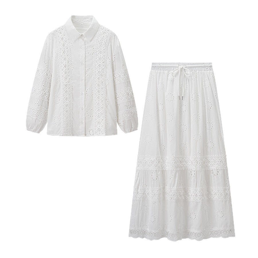 Kvinnesett med blomsterbrodert bluse og maxiskjørt Skjora