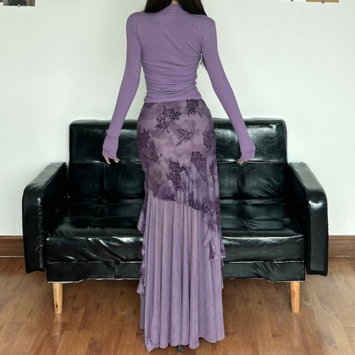 Dame elegant asymmetrisk maxiskjørt med florale utsmykninger Skjora